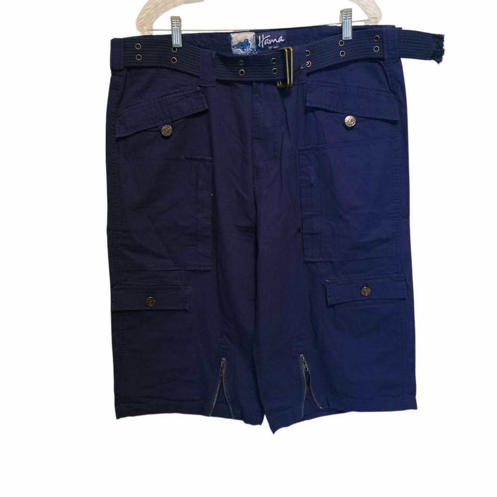 Vintage Hama Cargo Shorts Skater Baggy Combat Navy Blue Belted 36/17 NEW NWOT